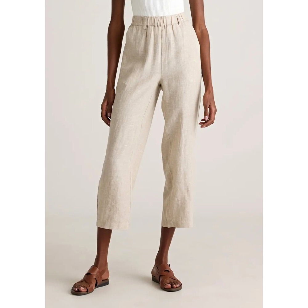 Quince Flax Beige 100% European Linen Woven Pull-On Pants Pockets Relaxed Sz L